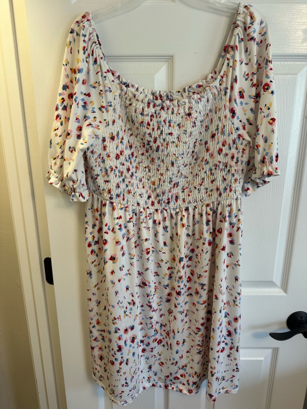 Robert Louis Cream Floral Smocked Dress with Red and Blue Accents